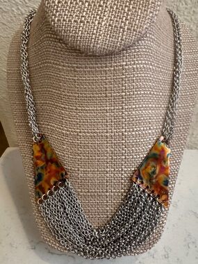 Colorful Multichain Statement Necklace - Silver Chains with Multicolor Accents